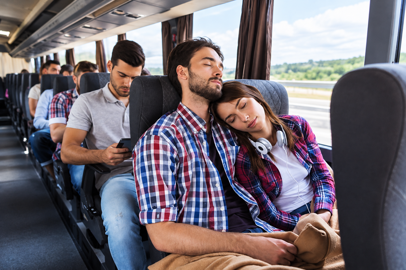Casal dormindo tranquilo durante uma viagem de ônibus, ilustrando destinos baratos para viajar a dois
