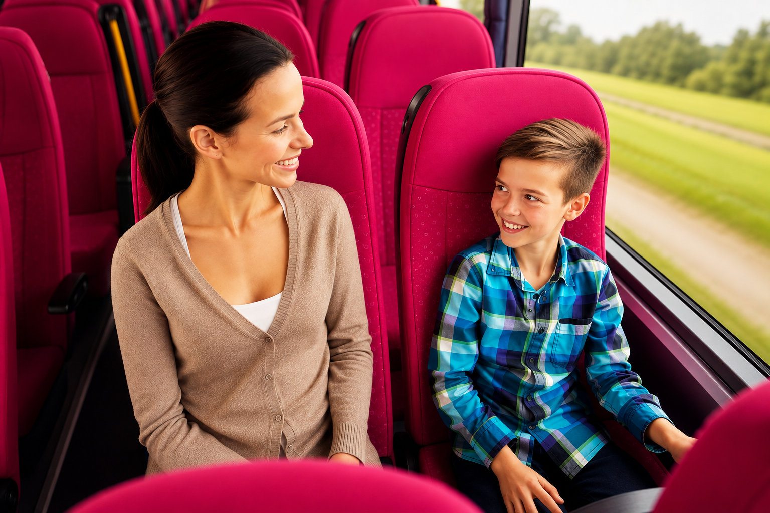 família viajando de ônibus pela Buser