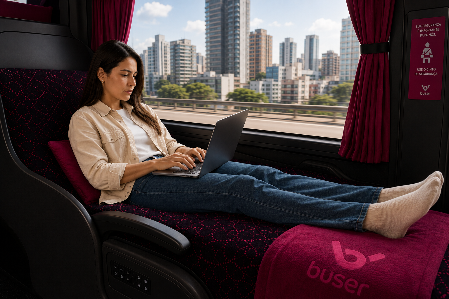 Profissional trabalhando no notebook durante viagem de ônibus, representando viagem a trabalho