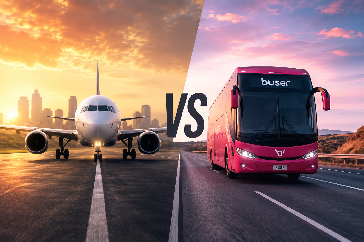 Comparação entre viagem de ônibus e viagem de avião, ilustrando custo, tempo e conforto